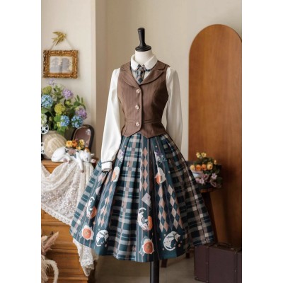 Forest Wardrobe Persimmon Orange Cat Blouse Vest and Skirt(Full Payment Without Shipping)